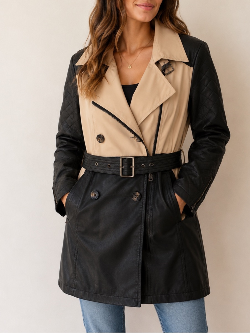 ABS Allen Schwartz Black and Beige Quilted-Sleeve Trench Coat